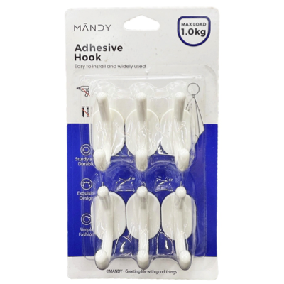MANDY Self Adhesive Double Hook 6PC/PACK UP TO 1.0KG Load